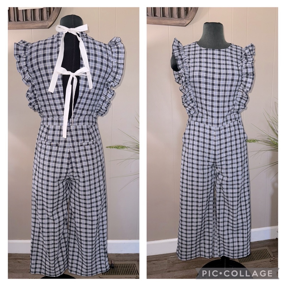 English Factory • Tie Back Cropped Plaid Ruffle Sleeve Jumpsuit